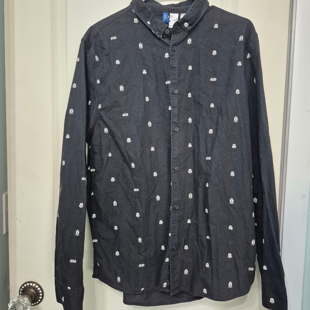 H&M Divided Star Wars Mens Large Black Button Down Shirt Darth Vader R2D2 Print